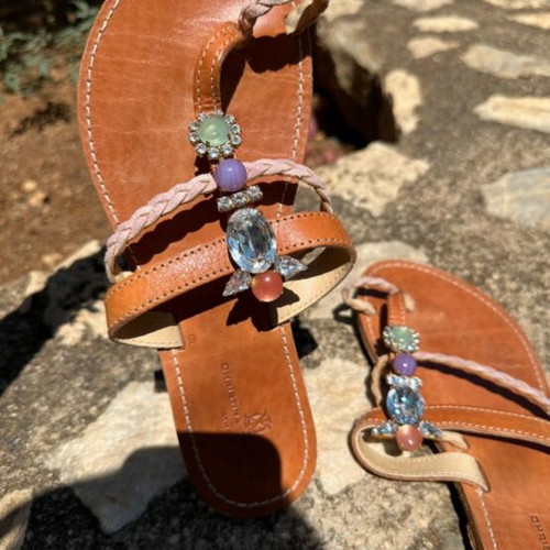 Christina Fragista handmade sandals with Swarovski crystals like new, brown