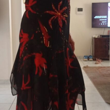 Vintage women's dress size L with embroidered beads, black and red