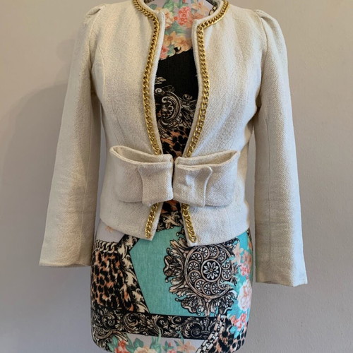 Unique handmade jacket like new, beige with gold chain and bow