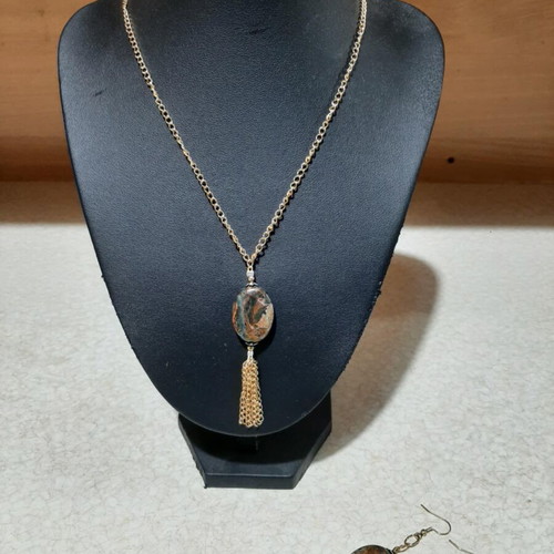 Necklace and earrings set with rutilated quartz in steel, length 80 cm, new