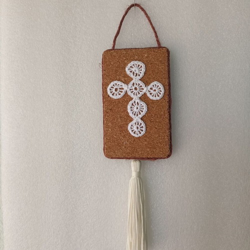 Handmade wall decoration with crocheted cross on cork base new