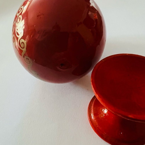 Handmade wooden decorative red egg like new with image of Virgin Mary