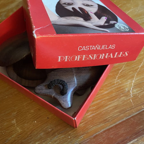 Professional Castanets new, wooden with original box and ribbons