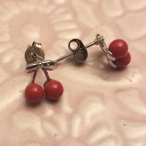 Silver stud earrings with cherries used