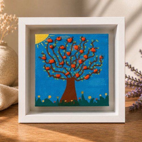 Handmade Tree of Life painting in deep white frame like new