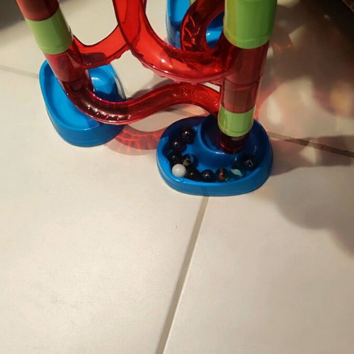 Marble run toy used, assembly game with 10 marbles