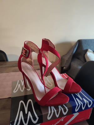 Red high-heeled sandals size 36 like new, modified heel