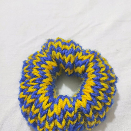 Handmade knitted scrunchie new, blue and yellow