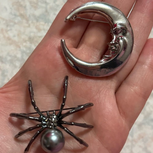 Set of spider and moon pins like new, gray and silver