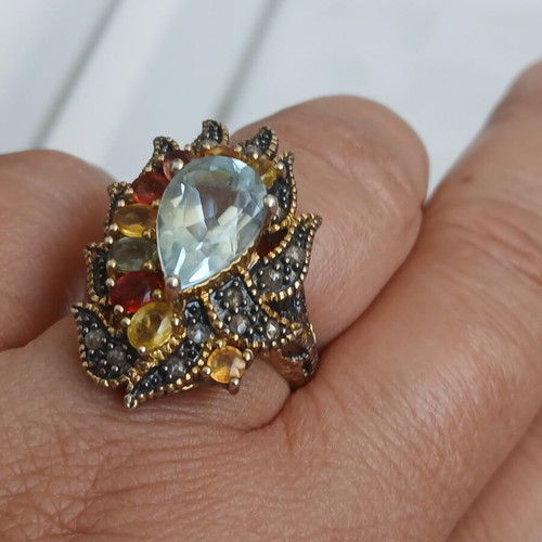Ring with semiprecious stones, 9K gold, 925 silver and old cut diamonds, 17 mm