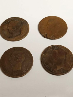 Greek copper 10 lepta coins used, pack of 8, King George I 1869