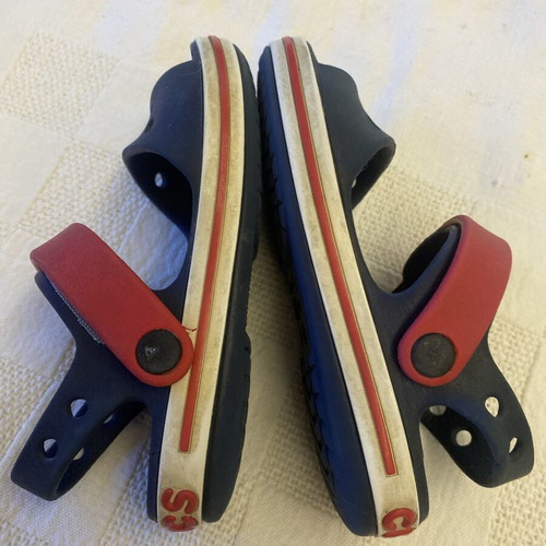 Crocs Crocband sandals used, blue and red, sizes 27-28