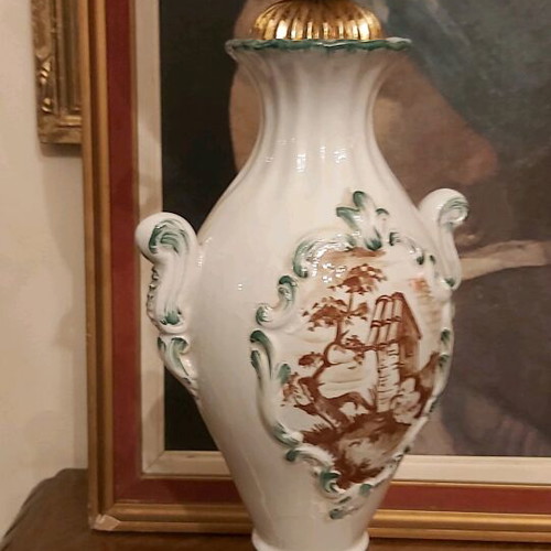Old French antique lamp made of white porcelain with handmade painting like new