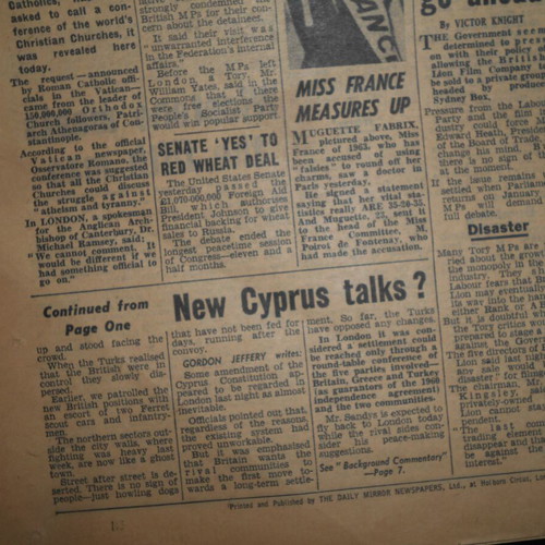 Daily Mirror 1963 newspaper used, Cyprus riots and Lakonia shipwreck