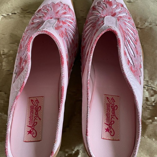 Roberto Cavalli Angels leather mules in pink, like new