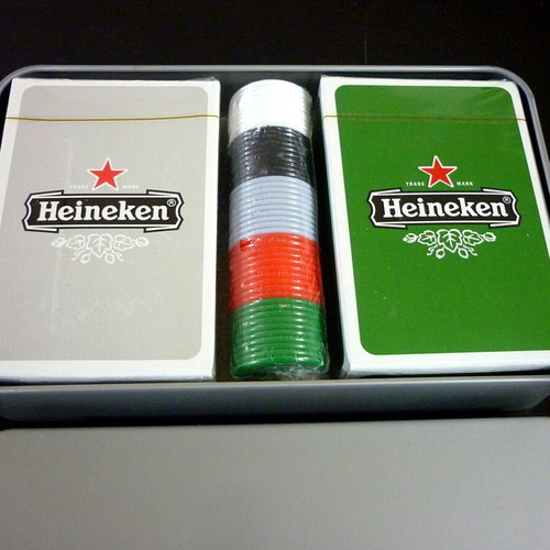 Heineken collectible playing cards with chips in metal box new
