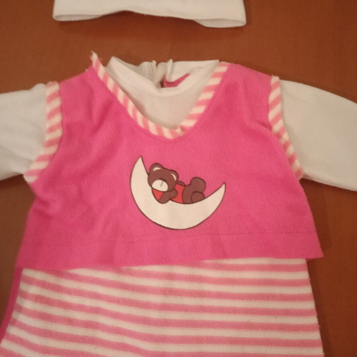 Doll Clothes Set used, fleece bodysuit and hat with teddy bear