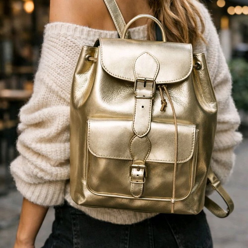 Handmade gold leather backpack new from Greek workshop