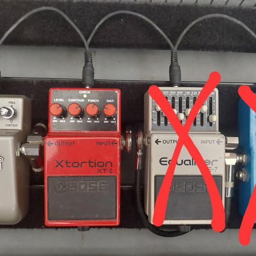 Handmade pedalboard for electric guitar with 3 pedals used