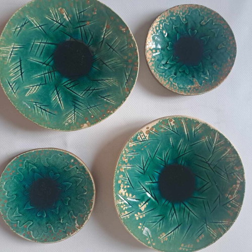 Ceramic handmade turquoise plates with gold details, set of 4 new