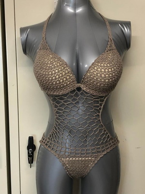 Μαγιό πλεκτό ολόσωμο δίχτυ καινούργιο, μέγεθος S/M, καφέ και ασημί