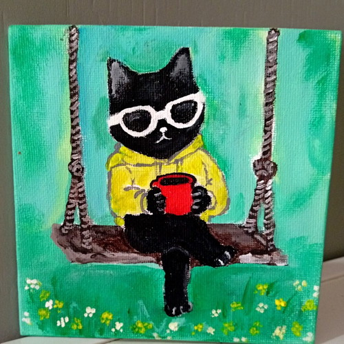 Coffee, Sun and Chill acrylic painting on canvas 13x13cm
