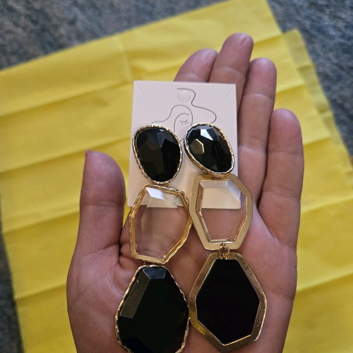 Large impressive earrings new, black with gold and transparent