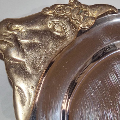 Serving platters used, stainless steel with brass engravings, set of 3