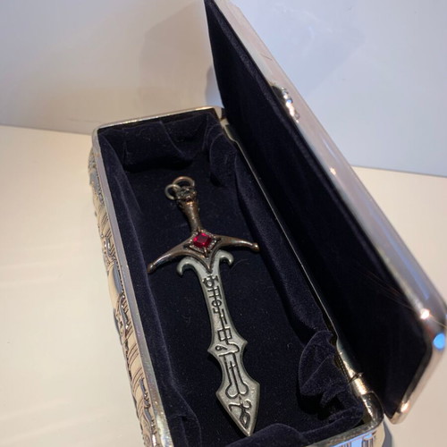 Alchemy Gothic Sword Pendant used, 1993, pewter and crystals