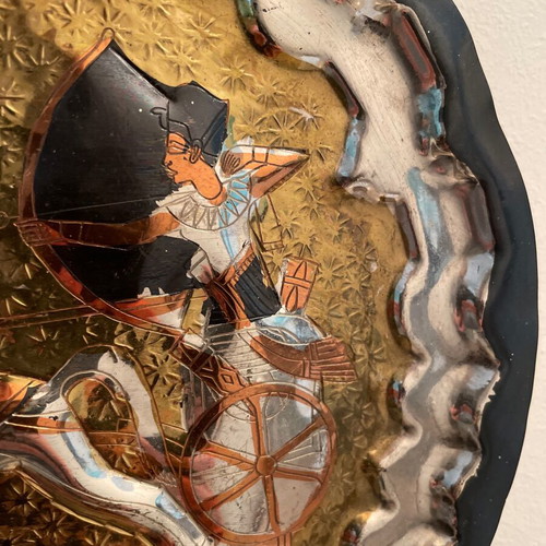 Decorative wall plate used, brass with Egyptian warrior