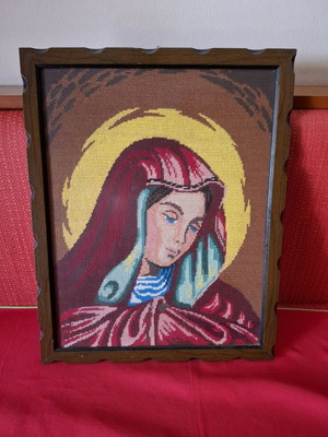 Hand-embroidered icon of Virgin Mary in wooden frame, vintage