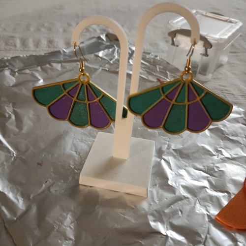 Dahlia earrings 3D printed, hand-painted, gold back, purple and blue front