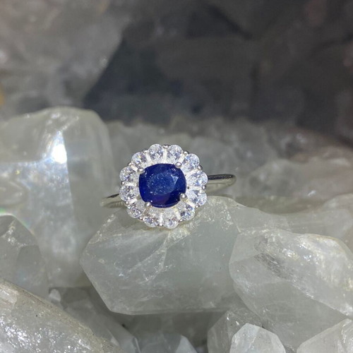 Handmade silver ring with natural blue sapphire and moissanites, new