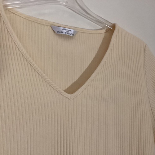 Vintage St Michael Cream Ribbed V-Neck Top cotton blend size M like new