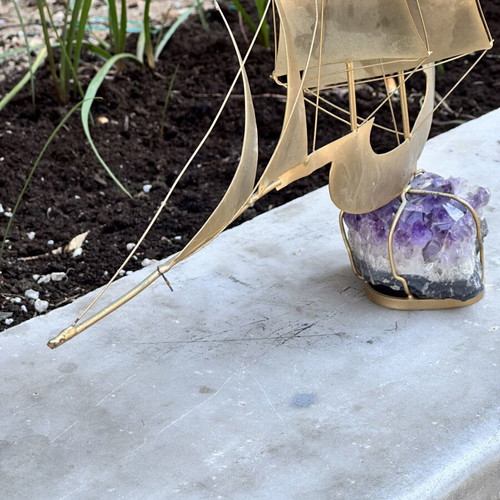 Vintage brass sailing ship on natural amethyst, 37×32 cm