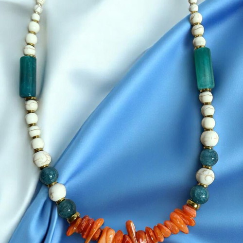 Tropical Lava necklace with orange coral and green details, new