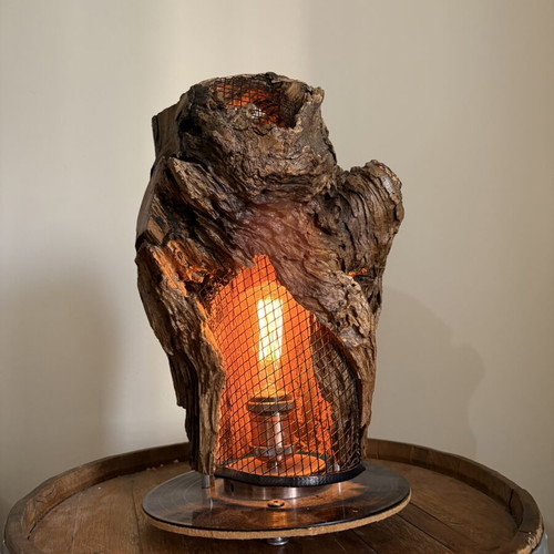 Handmade table lamp from natural wood with vinyl base & dimmer