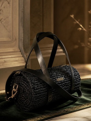 Handmade straw bag with lining and detachable shoulder strap, black