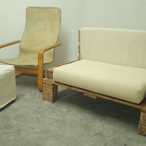 Sofa set from pallets with Ikea Pello armchair and Solsta Pallbo stool, like new