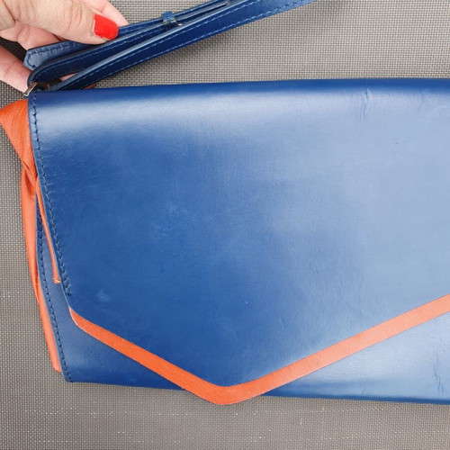 Zara genuine leather envelope clutch bag, blue and orange