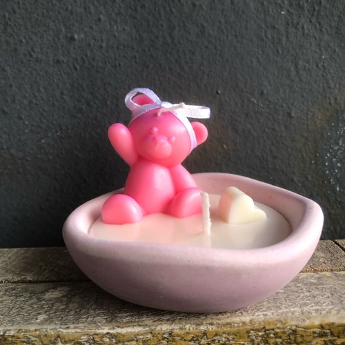 Handmade candle pink teddy bear on plate new
