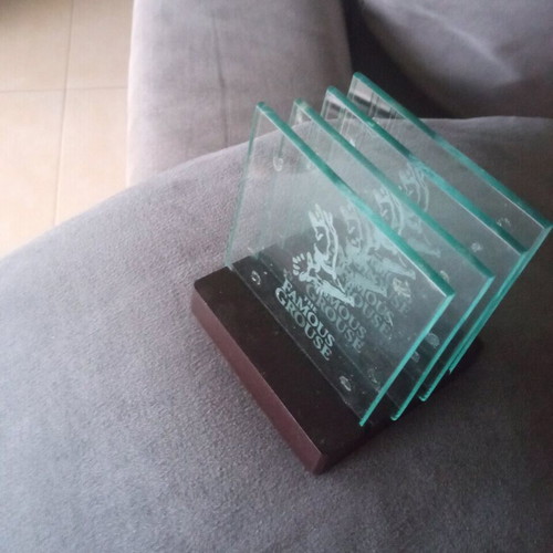 Famous Grouse glass coasters with wooden base, new