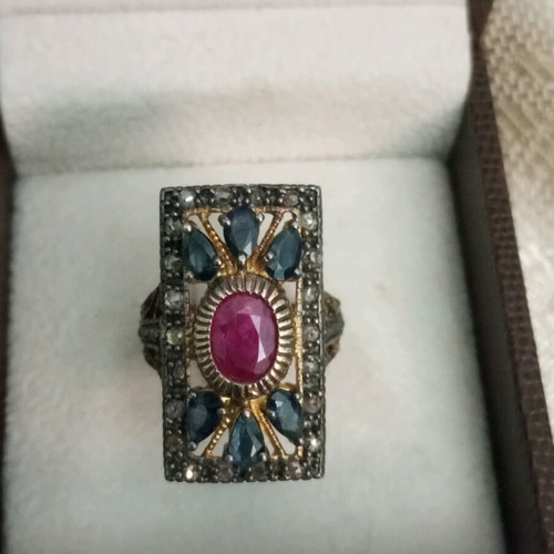 Silver gold 9k 925 ring with blue sapphires and ruby used