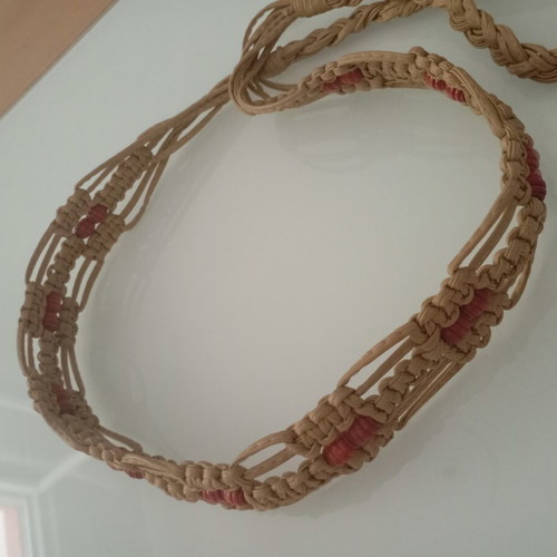 Handmade belt with wooden beads adjustable, like new, beige and red