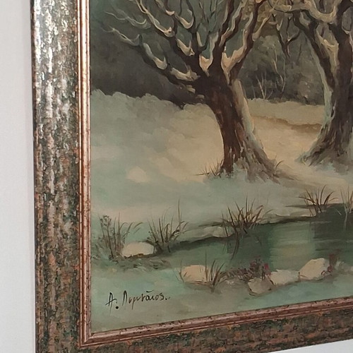 Signed A. Limnaios Winter Landscape Oil Painting on Canvas like new