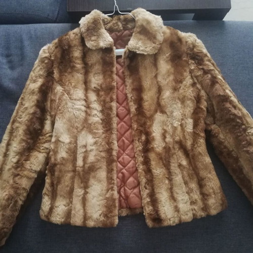 Handmade synthetic fur jacket, beige and brown, size S