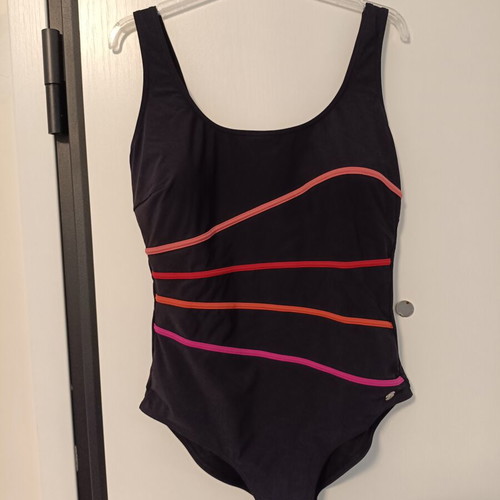 Anzoni women's one-piece swimsuit like new, size 46D, black with colorful stripes