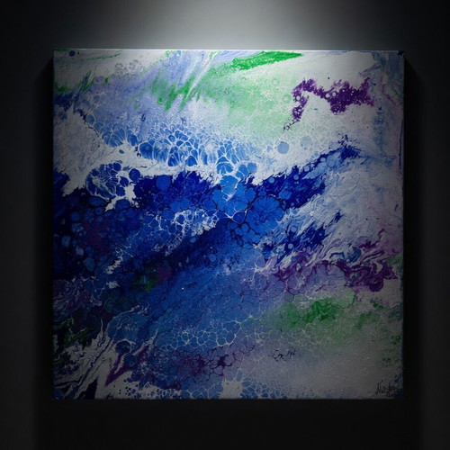 Project Neptune's Veil Deep Blue & Teal Fluid Acrylic Painting 70x70 cm new