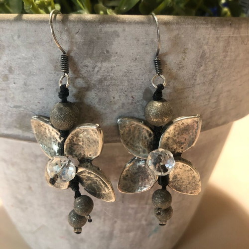Handmade long flower earrings used, silver color