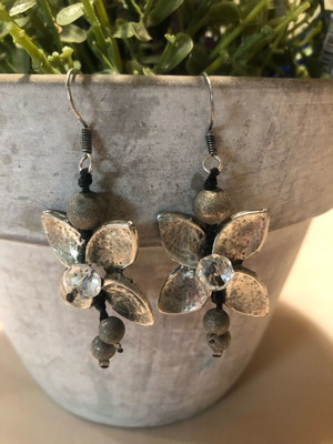 Handmade long flower earrings used, silver color